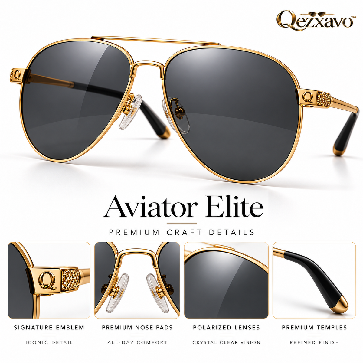 Qezxavo™ Aviator Elite Gold-Tone Pilot Sunglasses with Smoke Lenses