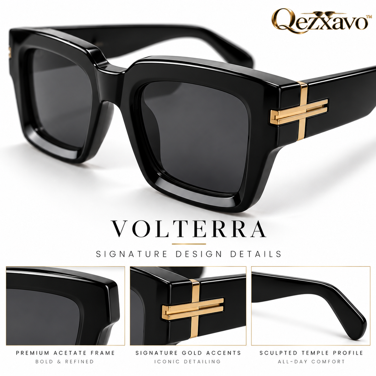Qezxavo™ VOLTERRA Oversized Black Square Sunglasses with Gold-Tone Accents