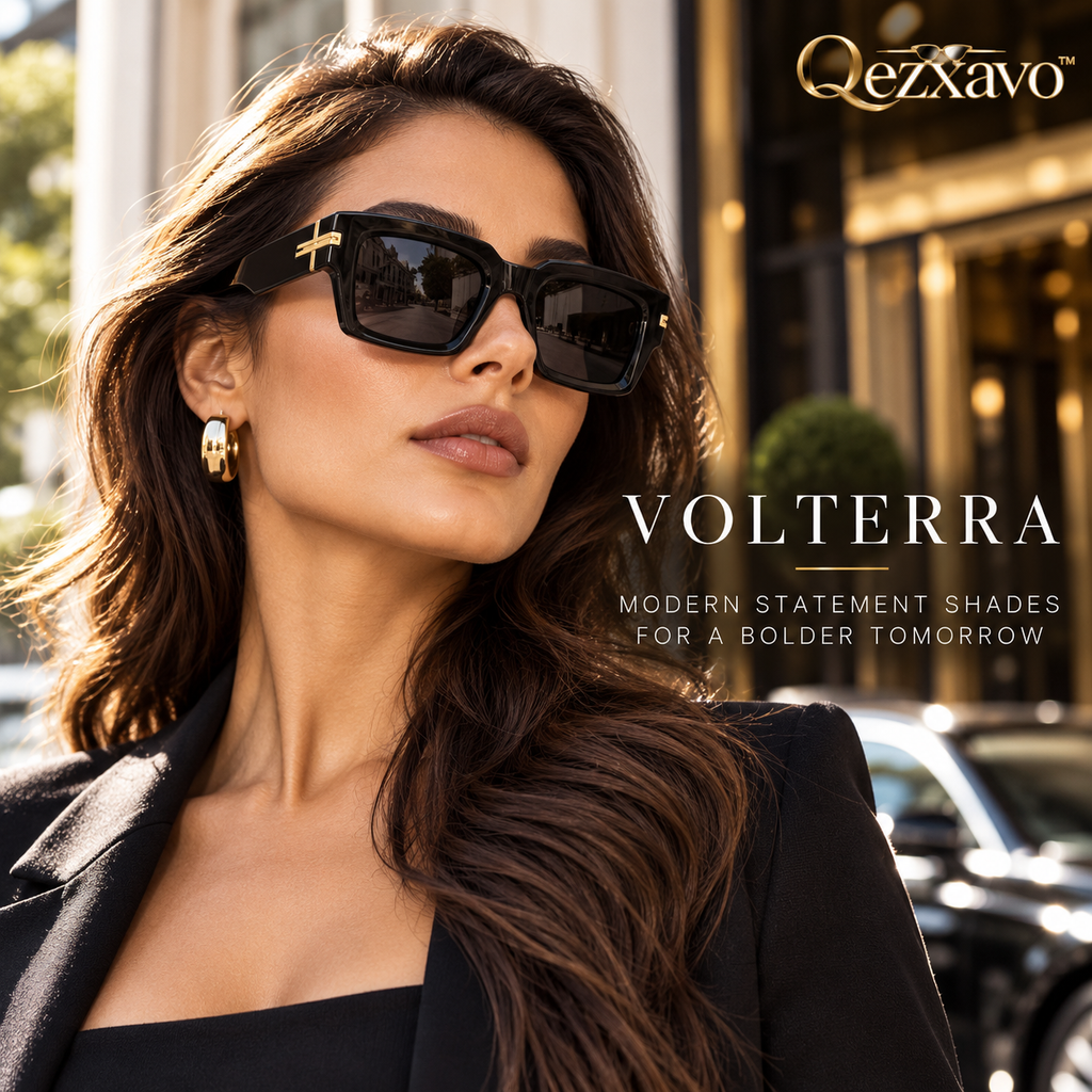Qezxavo™ VOLTERRA Oversized Black Square Sunglasses with Gold-Tone Accents