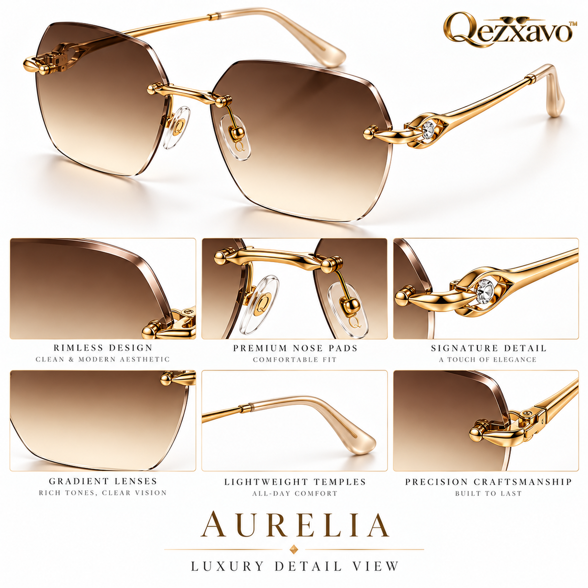 Qezxavo™ AURELIA Rimless Gradient Sunglasses with Gold-Tone Crystal Details