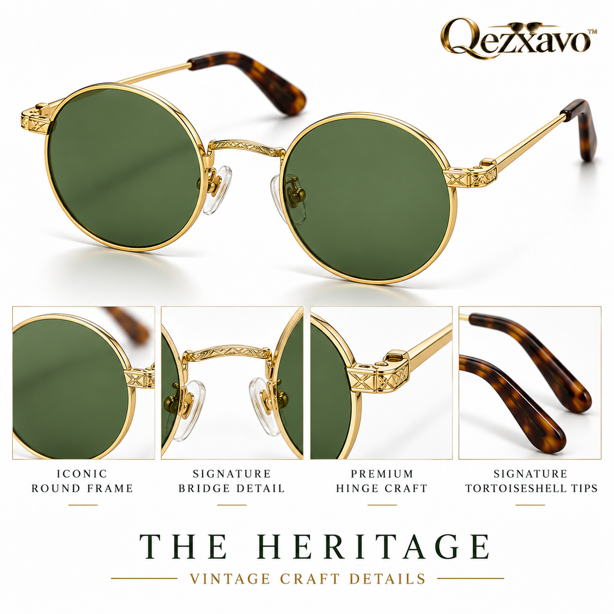 Qezxavo™ The Heritage Round Gold-Tone Sunglasses with Green Lenses