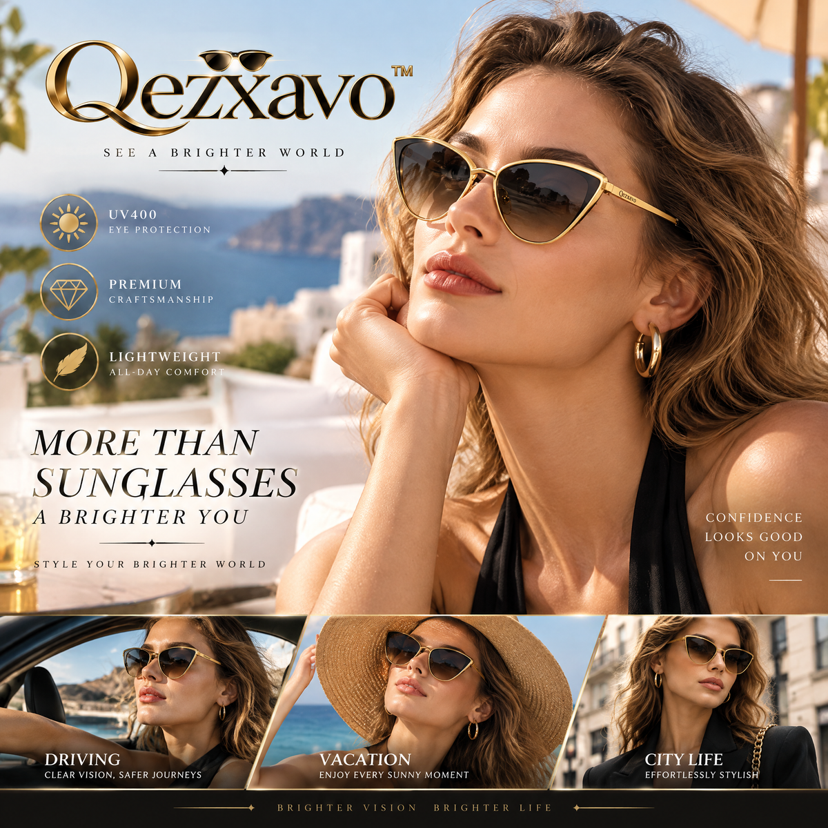 Qezxavo™ Women’s Luxury Cat-Eye Sunglasses – Chic Gold Metal Frame with UV400 Gradient Lenses, Lightweight Vintage Designer Eyewear for Travel & Daily Wear