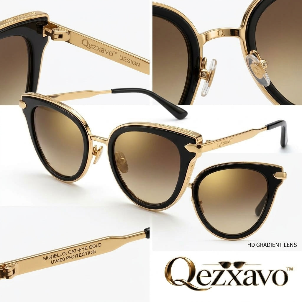 Qezxavo™ Luxury Cat Eye Sunglasses for Women – Elegant Black & Gold Metal Frame with Gradient Brown UV400 Protection Lenses, Designer Fashion Shades