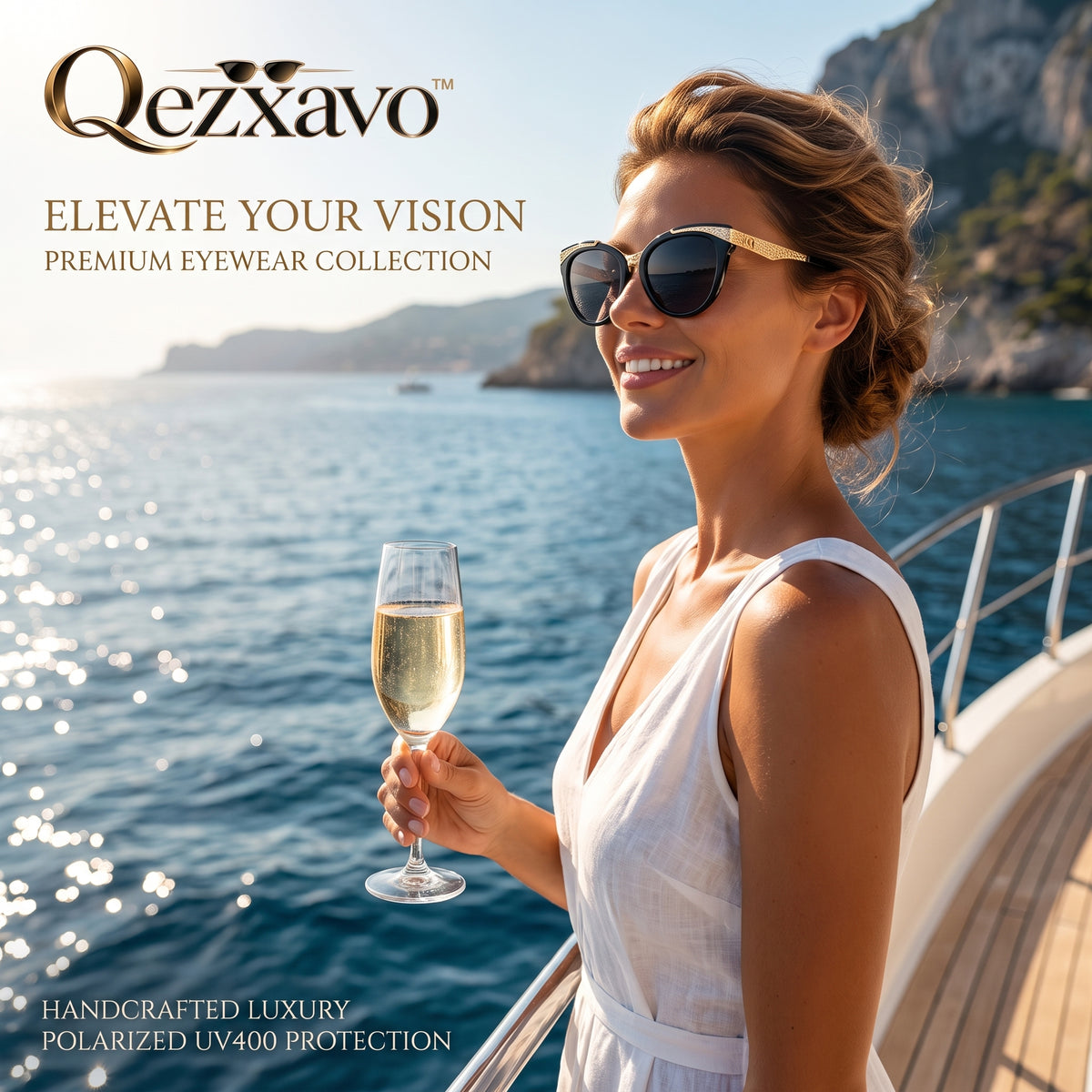 Qezxavo™ Handcrafted Luxury Cat-Eye Sunglasses for Women – Textured Gold Browline & Glossy Black Frame, Polarized UV400 Gradient Lenses, Premium Designer Fashion Eyewear
