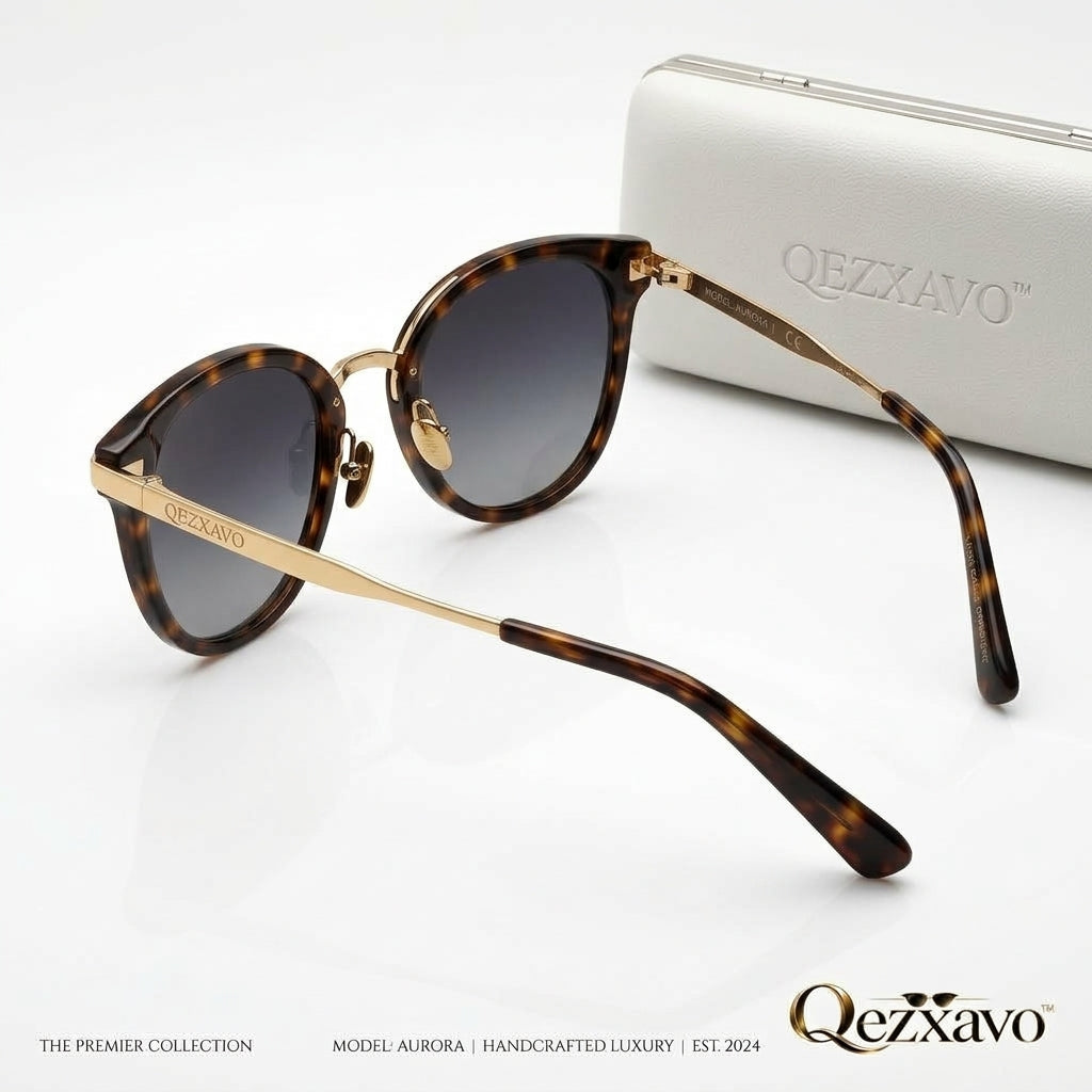 Qezxavo™ Aurora Sunglasses – The Premier Collection | Handcrafted Retro Round Tortoiseshell & Polished Gold Frame with Smoke Gradient UV400 Lenses for Men and Women