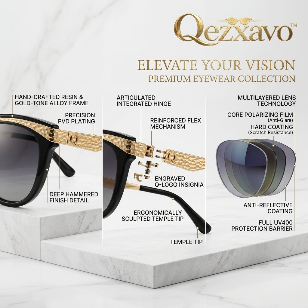 Qezxavo™ Handcrafted Luxury Cat-Eye Sunglasses for Women – Textured Gold Browline & Glossy Black Frame, Polarized UV400 Gradient Lenses, Premium Designer Fashion Eyewear