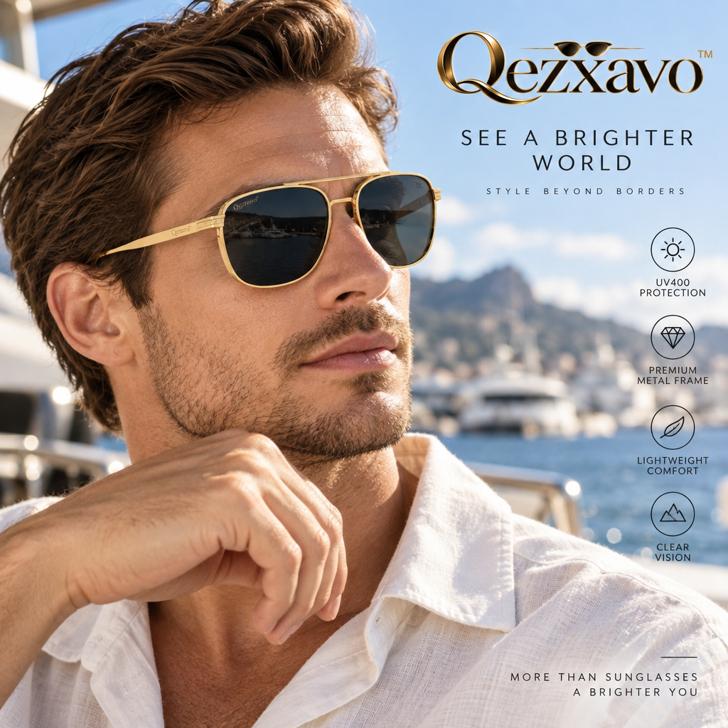 Qezxavo™ Luxury Navigator Sunglasses for Men & Women – Classic Vintage Gold Metal Frame Square Aviators with UV400 Protection Dark Tinted Lenses for Driving, Travel & Everyday Style