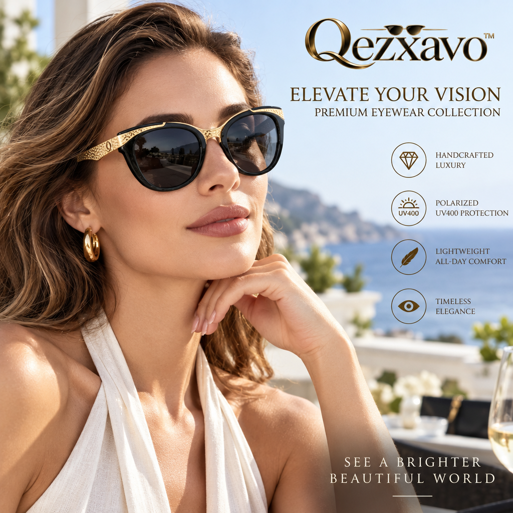 Qezxavo™ Handcrafted Luxury Cat-Eye Sunglasses for Women – Textured Gold Browline & Glossy Black Frame, Polarized UV400 Gradient Lenses, Premium Designer Fashion Eyewear