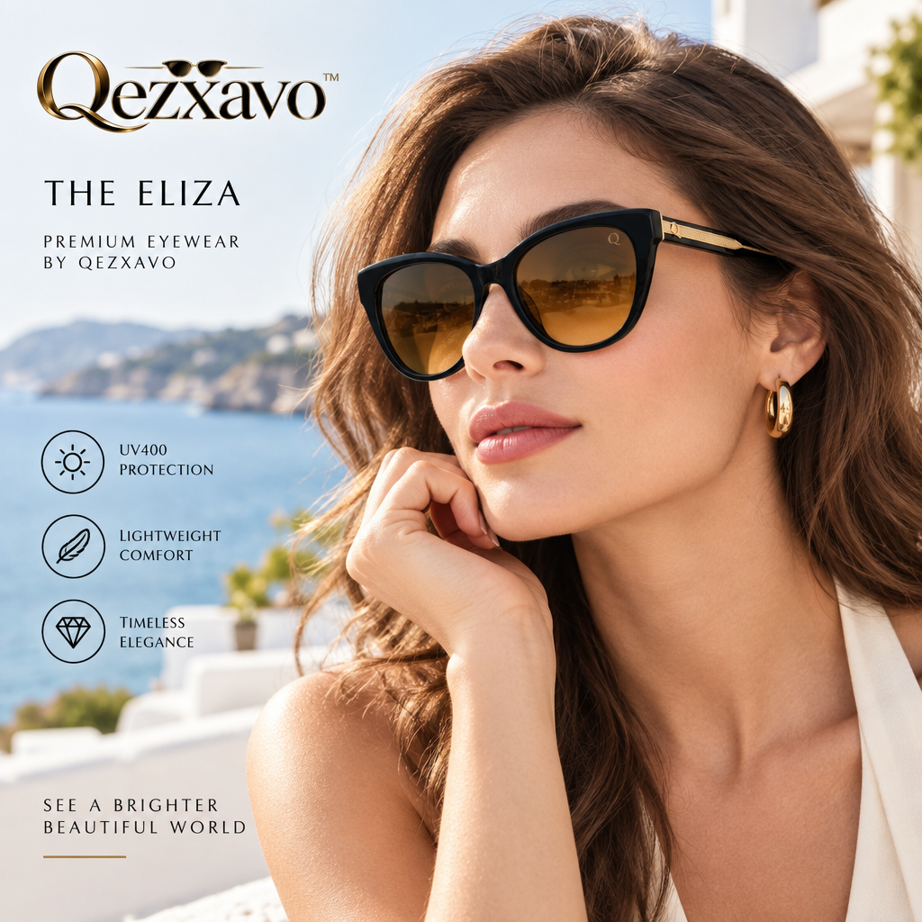Qezxavo™ "The Eliza" Women's Luxury Cat-Eye Sunglasses – Glossy Black Frame with Warm Amber Brown Lenses & Engraved Gold-Tone Temples | UV400 Protection