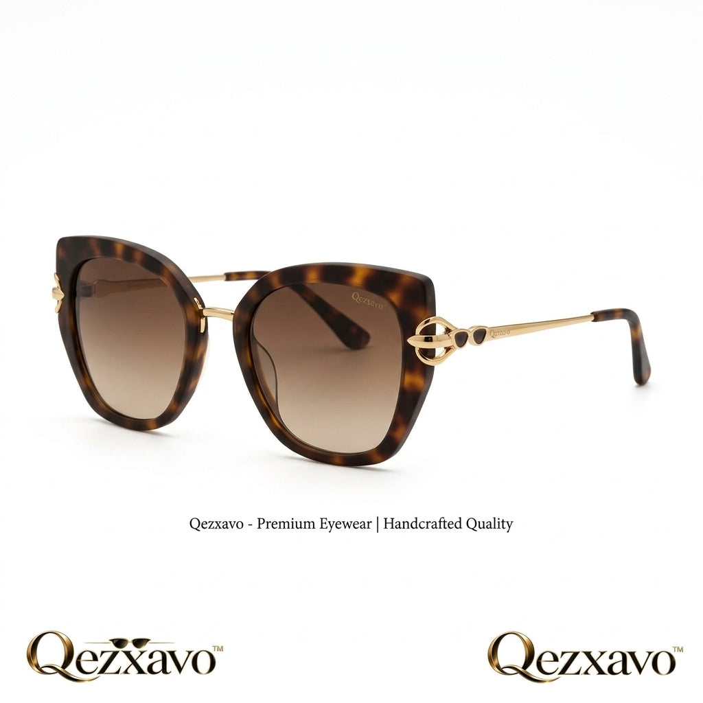 Qezxavo™ Luxury Cat-Eye Sunglasses for Women – Handcrafted Oversized Tortoiseshell Frame with Gold-Tone Metal Accents & UV400 Gradient Brown Lenses