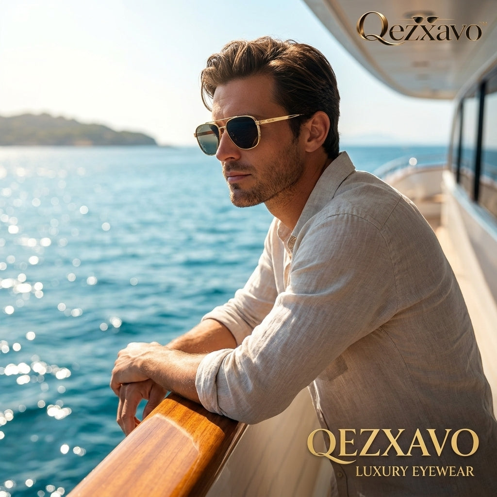 Qezxavo™ Luxury Navigator Sunglasses for Men & Women – Classic Vintage Gold Metal Frame Square Aviators with UV400 Protection Dark Tinted Lenses for Driving, Travel & Everyday Style