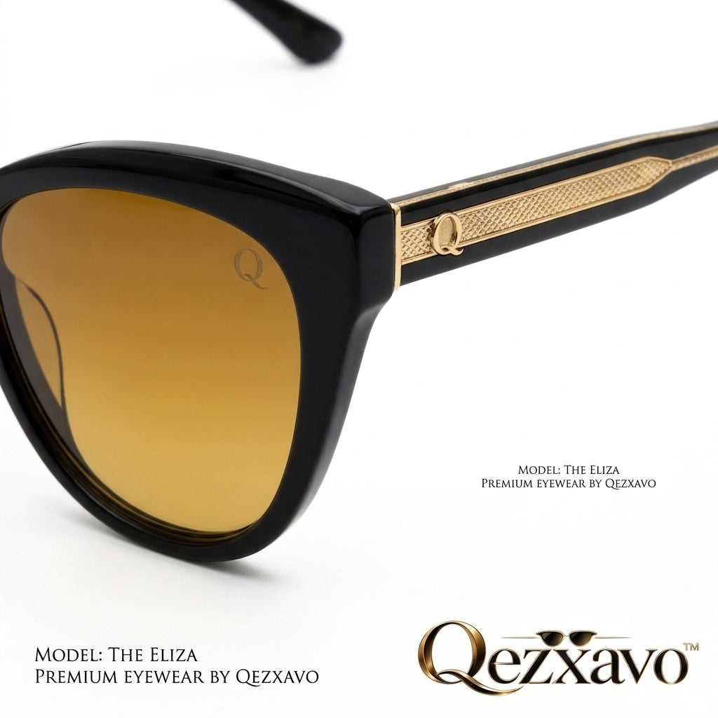 Qezxavo™ "The Eliza" Women's Luxury Cat-Eye Sunglasses – Glossy Black Frame with Warm Amber Brown Lenses & Engraved Gold-Tone Temples | UV400 Protection