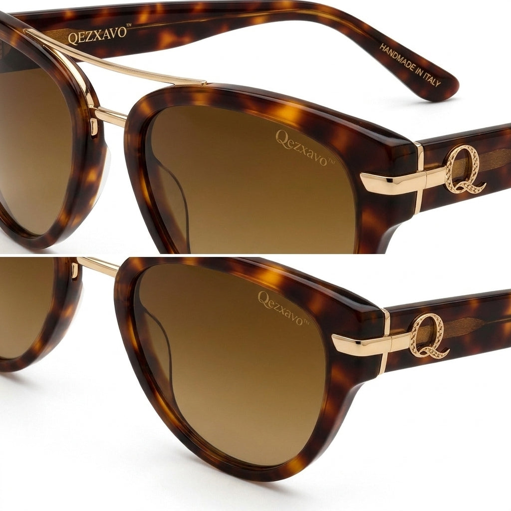 Qezxavo™ Vintage Double-Bridge Aviator Sunglasses for Women & Men – Classic Tortoiseshell Acetate Frame with Signature Gold Hardware & UV400 Brown Tint Lenses