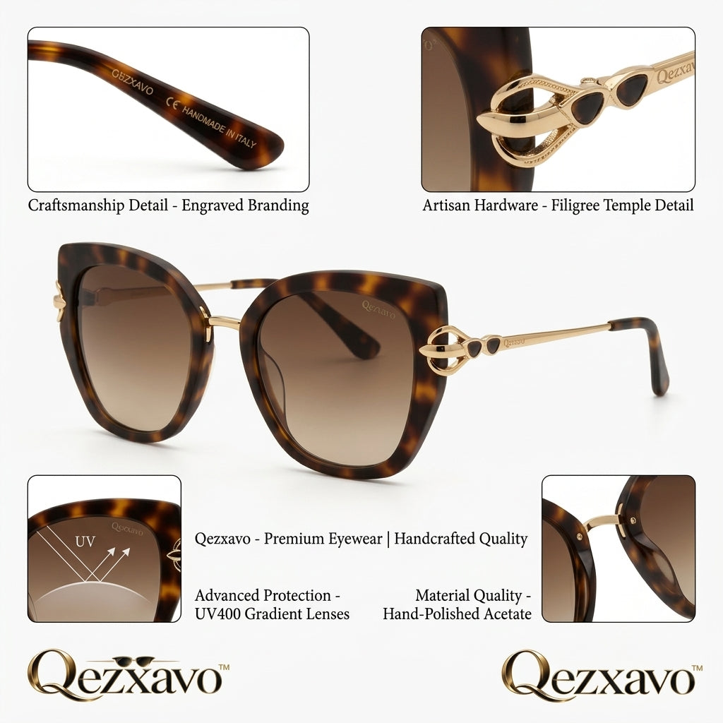 Qezxavo™ Luxury Cat-Eye Sunglasses for Women – Handcrafted Oversized Tortoiseshell Frame with Gold-Tone Metal Accents & UV400 Gradient Brown Lenses
