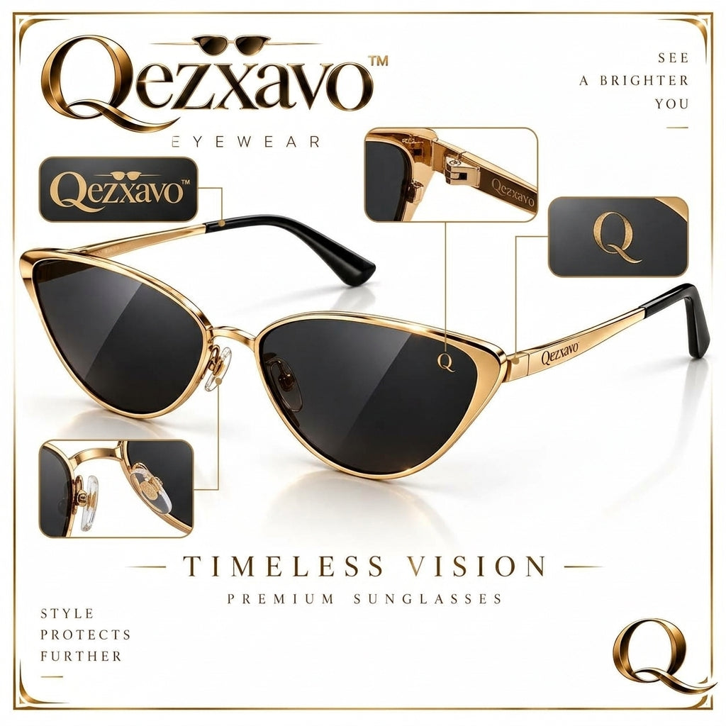 Qezxavo™ Timeless Vision Polarized Cat-Eye Sunglasses for Women – Luxury Polished Gold Metal Frame, UV400 Protection Designer Eyewear