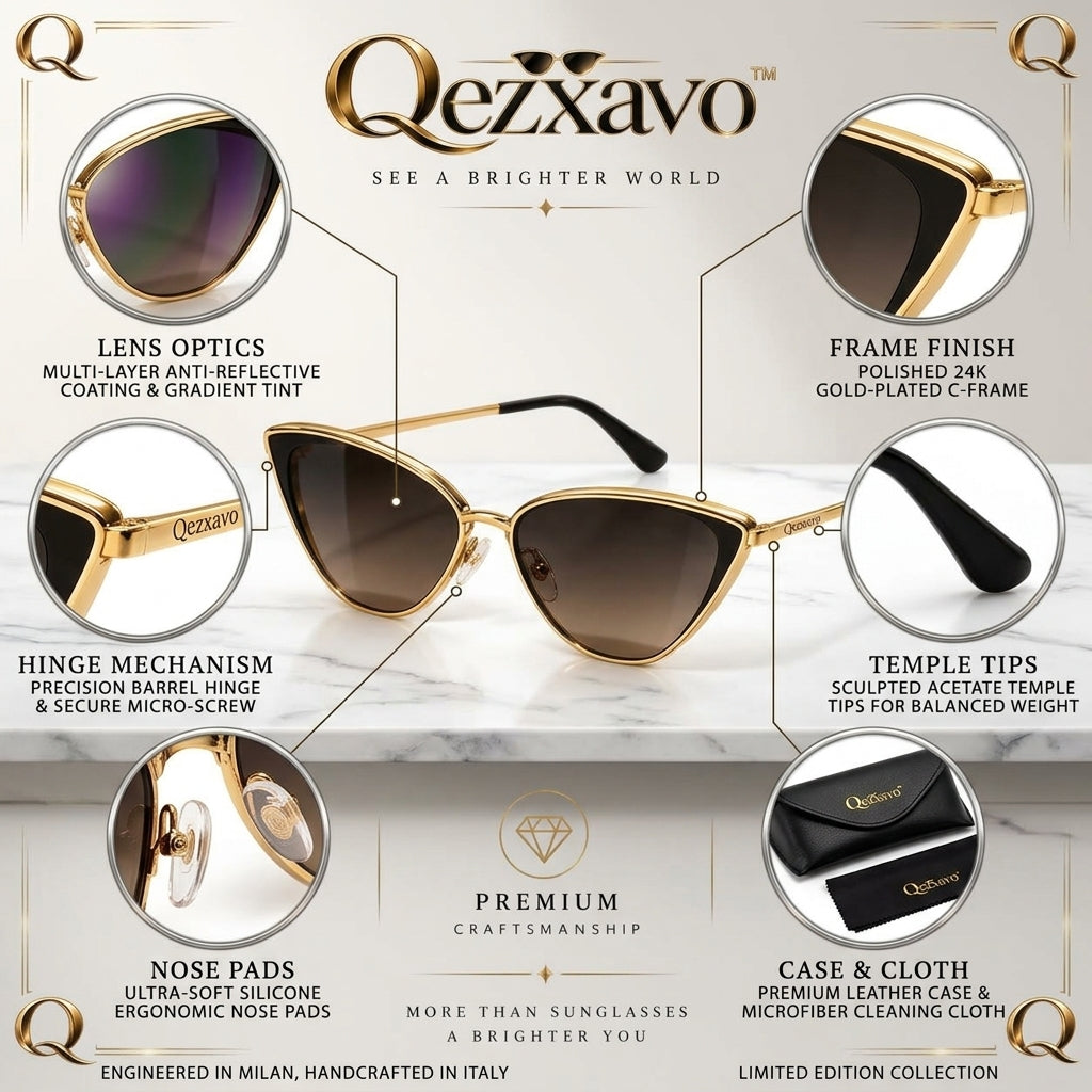 Qezxavo™ Women’s Luxury Cat-Eye Sunglasses – Chic Gold Metal Frame with UV400 Gradient Lenses, Lightweight Vintage Designer Eyewear for Travel & Daily Wear