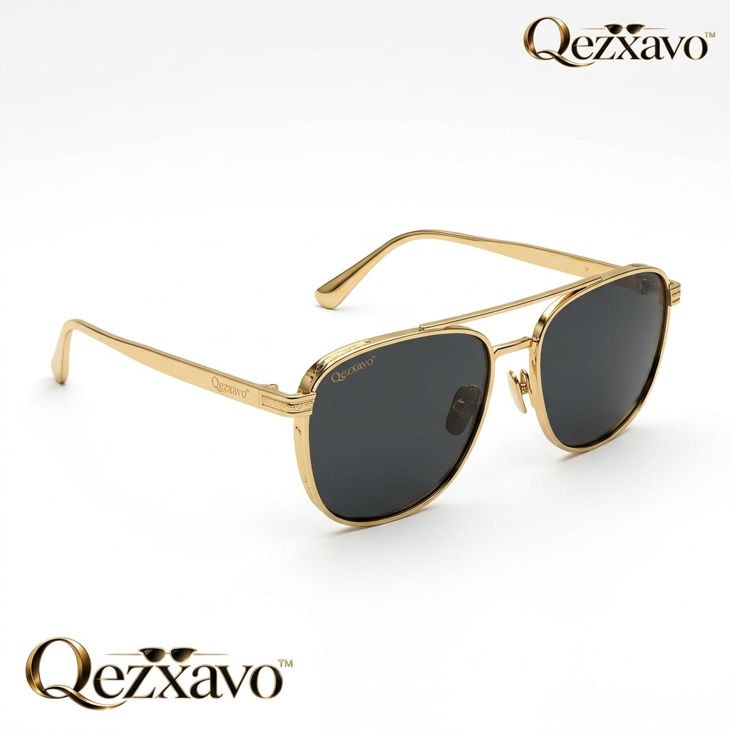 Qezxavo™ Luxury Navigator Sunglasses for Men & Women – Classic Vintage Gold Metal Frame Square Aviators with UV400 Protection Dark Tinted Lenses for Driving, Travel & Everyday Style