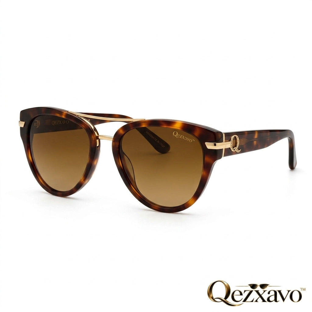 Qezxavo™ Vintage Double-Bridge Aviator Sunglasses for Women & Men – Classic Tortoiseshell Acetate Frame with Signature Gold Hardware & UV400 Brown Tint Lenses