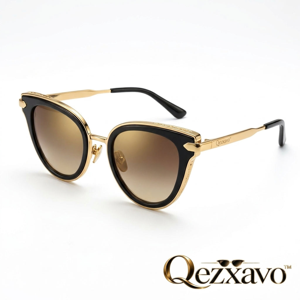Qezxavo™ Luxury Cat Eye Sunglasses for Women – Elegant Black & Gold Metal Frame with Gradient Brown UV400 Protection Lenses, Designer Fashion Shades