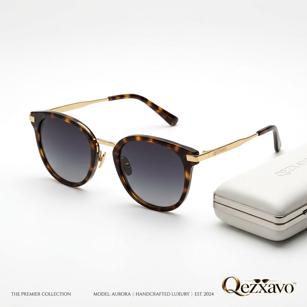 Qezxavo™ Aurora Sunglasses – The Premier Collection | Handcrafted Retro Round Tortoiseshell & Polished Gold Frame with Smoke Gradient UV400 Lenses for Men and Women