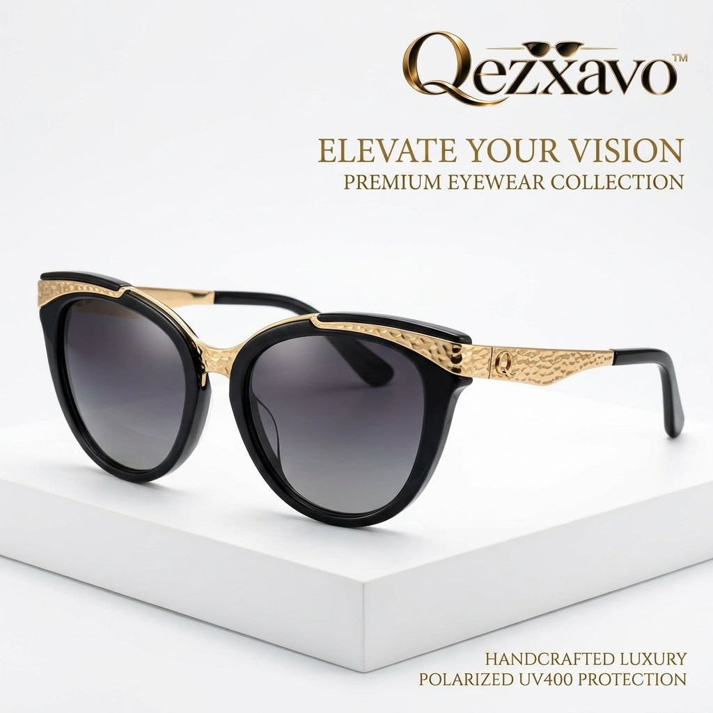 Qezxavo™ Handcrafted Luxury Cat-Eye Sunglasses for Women – Textured Gold Browline & Glossy Black Frame, Polarized UV400 Gradient Lenses, Premium Designer Fashion Eyewear