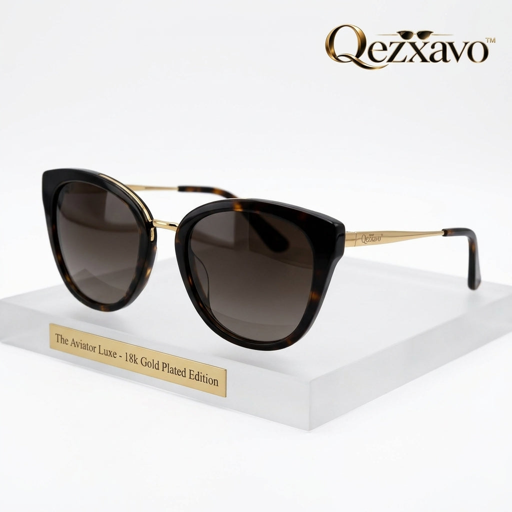 Qezxavo™ The Aviator Luxe - 18k Gold Plated Edition Sunglasses for Women | Luxury Tortoiseshell Frame with Gradient Brown UV400 Lenses