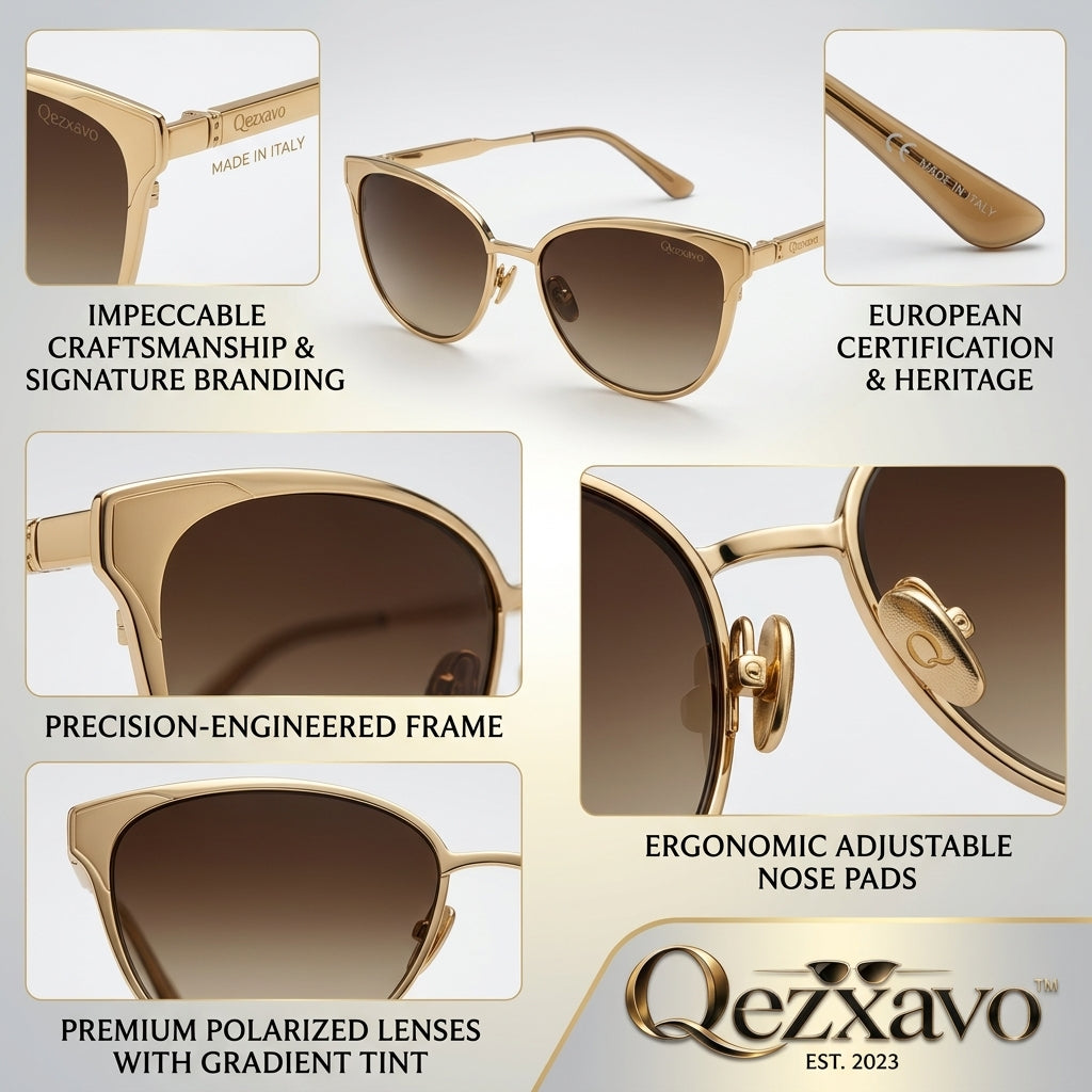 Qezxavo™ Women's Luxury Cat-Eye Sunglasses – Chic Gold Metal Frame with Gradient Brown UV400 Protection Lenses, Designer Fashion Eyewear for Daily Wear & Travel