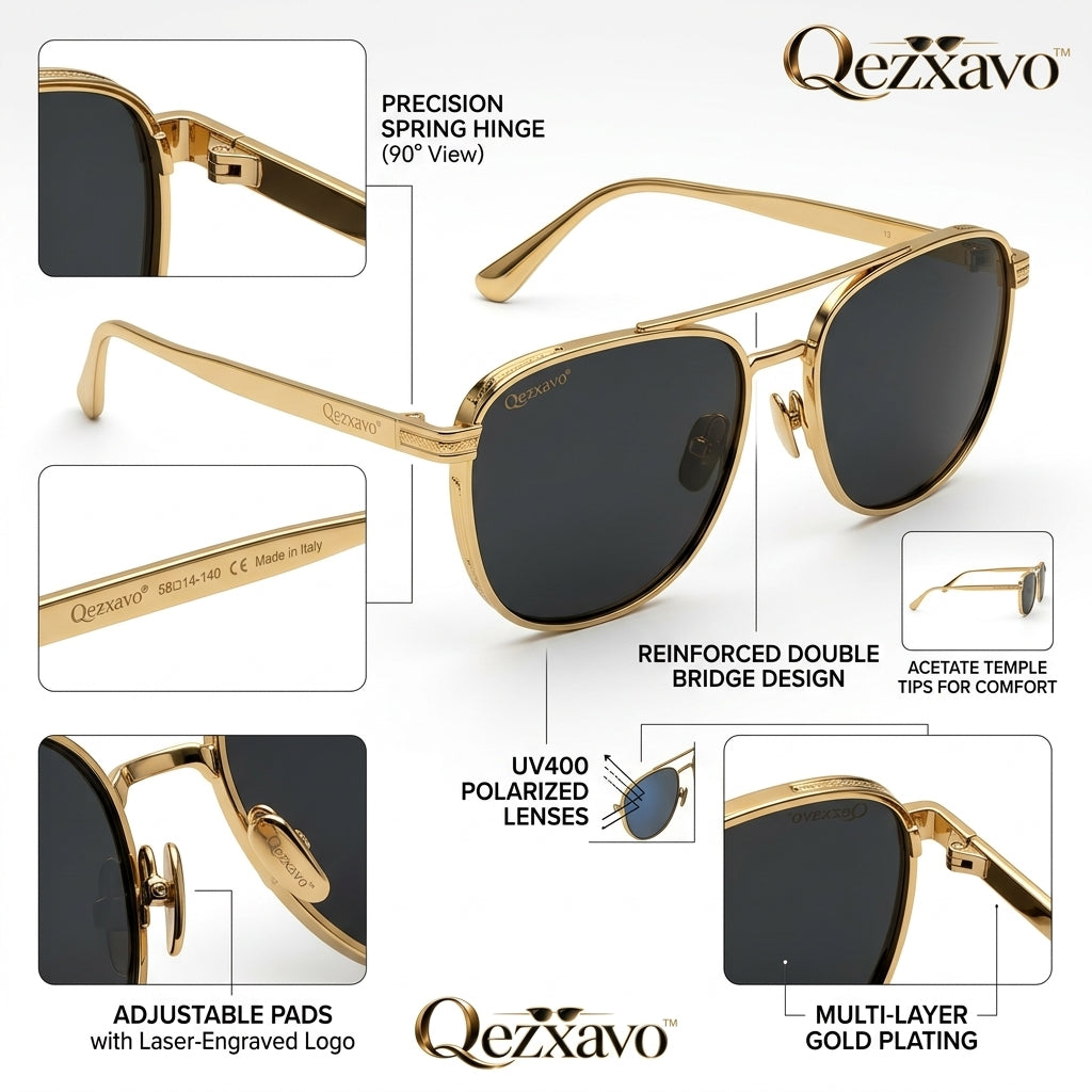 Qezxavo™ Luxury Navigator Sunglasses for Men & Women – Classic Vintage Gold Metal Frame Square Aviators with UV400 Protection Dark Tinted Lenses for Driving, Travel & Everyday Style